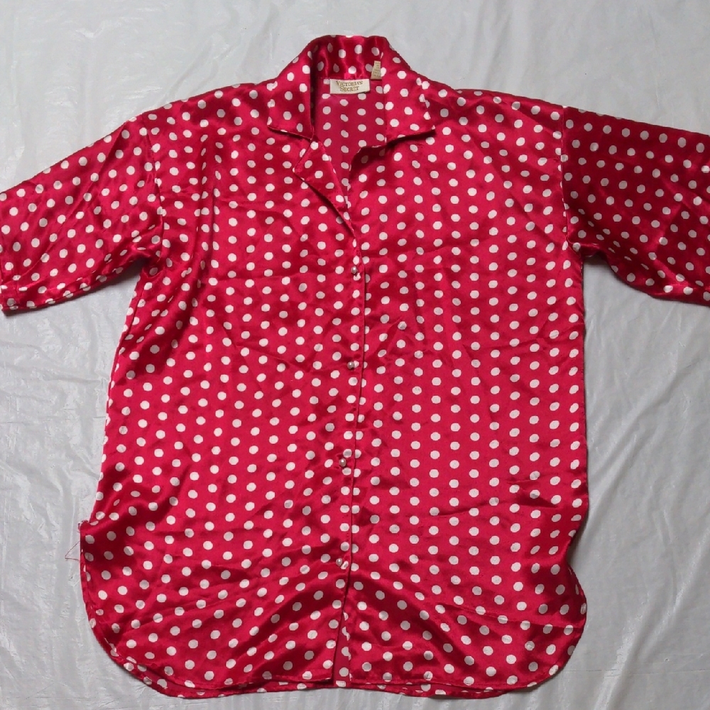 Victoria's Secret Vintage 90s Gold Label Red Satin Polka Dot Sleep Night Shirt S